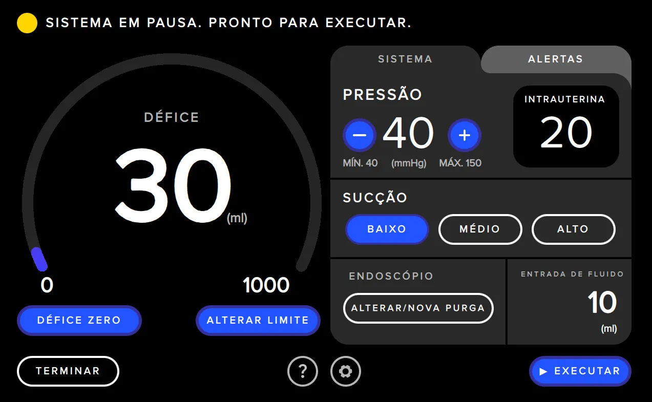 Captura de ecrã da interface do utilizador do sistema de gestão de fluidos Fluent Pro que mostra o controlo de sucção.