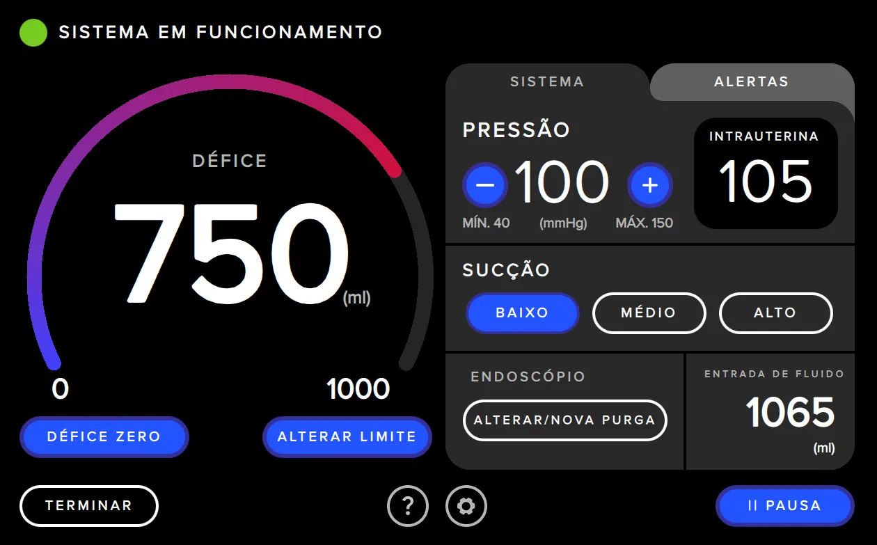 Captura de ecrã da interface do utilizador do sistema de gestão de fluidos Fluent Pro, mostrando a pressão.